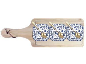BAMBOO BOARD 3 SQUARE DISH 3 SPOONS BLUE WH