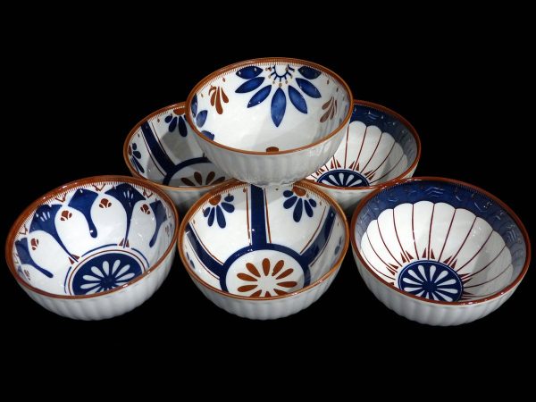  6pc set blue and brown bowls