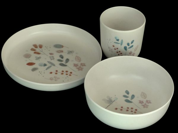 BABY 3 PC. EATING SET FLORAL ON BEIGE