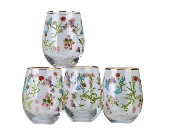 GLASS FLORAL TUMBLER SET 4 GOLD RIM
