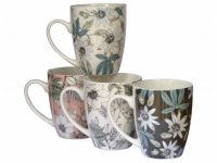 MUG SET 4 FLORAL GREEN WH PINK WH GREY
