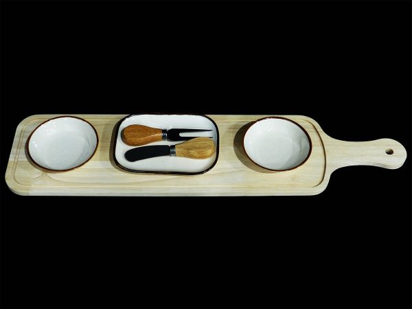 BRD 1 SHORT RECT 2 RND BOWLS CREAM BR 2 CHEESE KNIVES