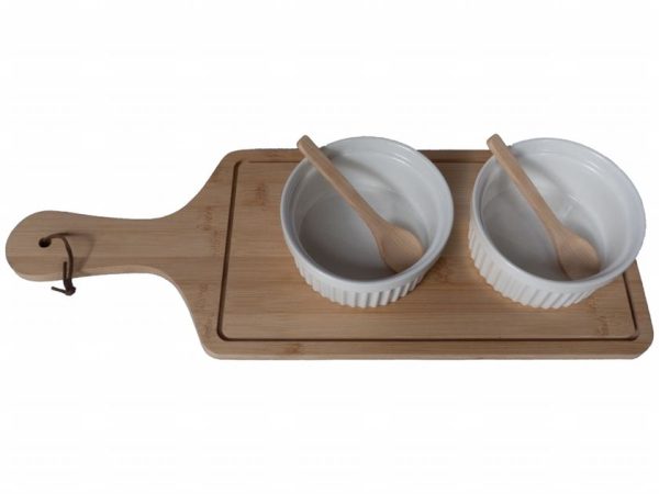 BAMBOO BOARD 2 LGE RND BOWLS 2 WOOD SPOON