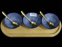 BRD MED OVAL 3 RND BOWLS BLUE CIRCLES 3 SPOONS