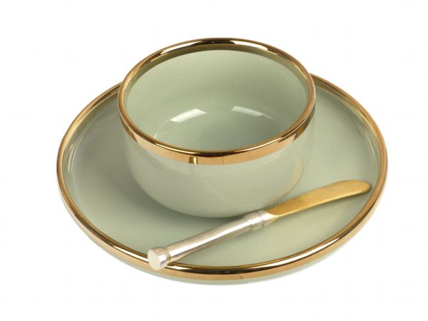 Rnd Green Gold Bowl Plate Spreader Set