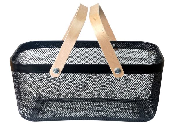 Black Rectangular Metal Basket with a wooden handle