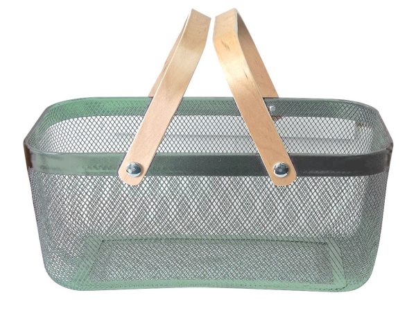 Duck Egg Rectangular Metal Basket with a wooden handle