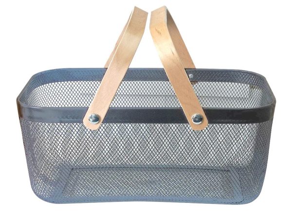 Duck Egg Blue Rectangular Metal Basket with a wooden handle
