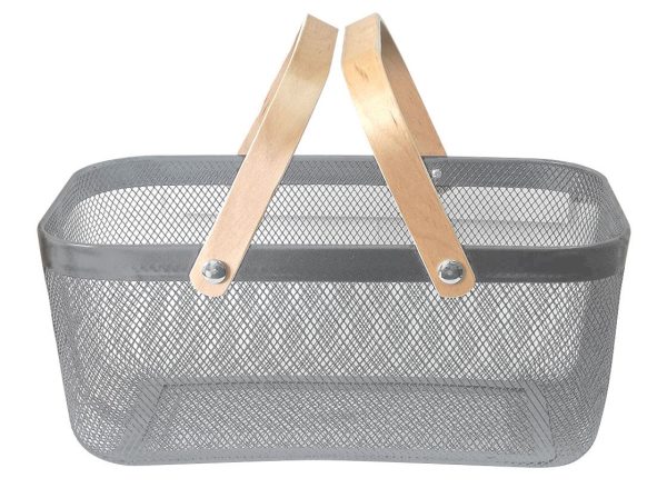 BASKET METAL RECT GREY WOOD HDLE