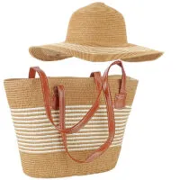 HAT & HANDBAG NATURAL WHITE STRIPES