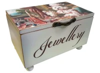Elegant Medium Wooden Jewellery Box / Trinket Storage Chest with Vintage Dog Art Design & Antique Handle