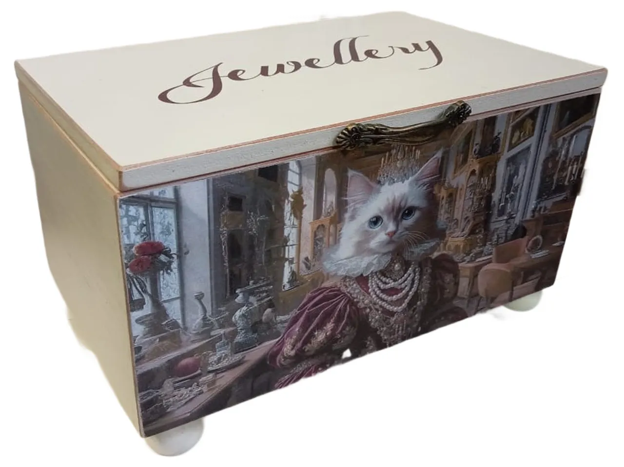Luxury Large Wooden Jewellery Box with Novelty Cat Portrait Design - Decorative Trinket and Keepsake Organiser