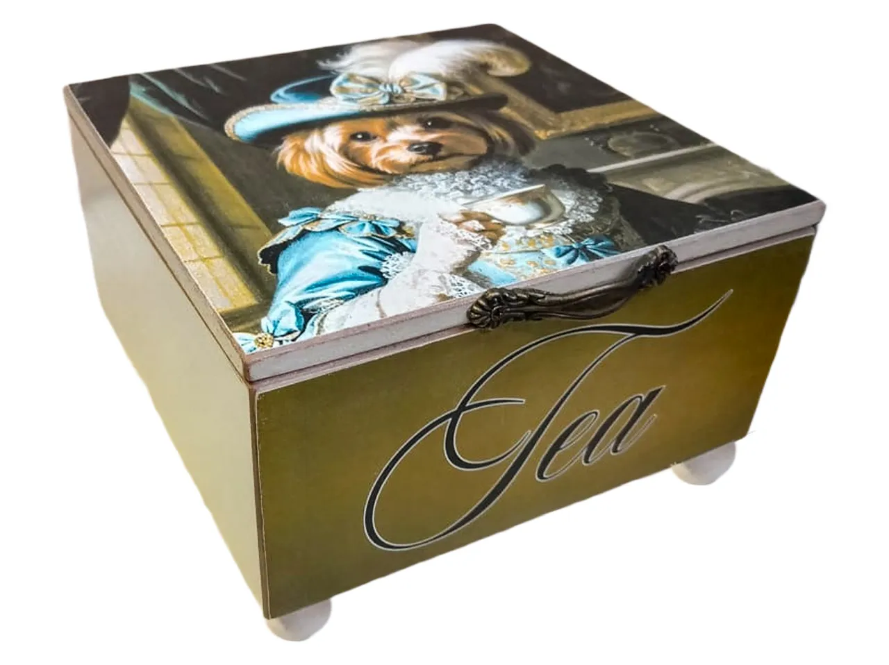 Charming Decorative Square Tea Storage Box - Novelty Dog Design with Elegant Metal Handle - Kitchen Organiser