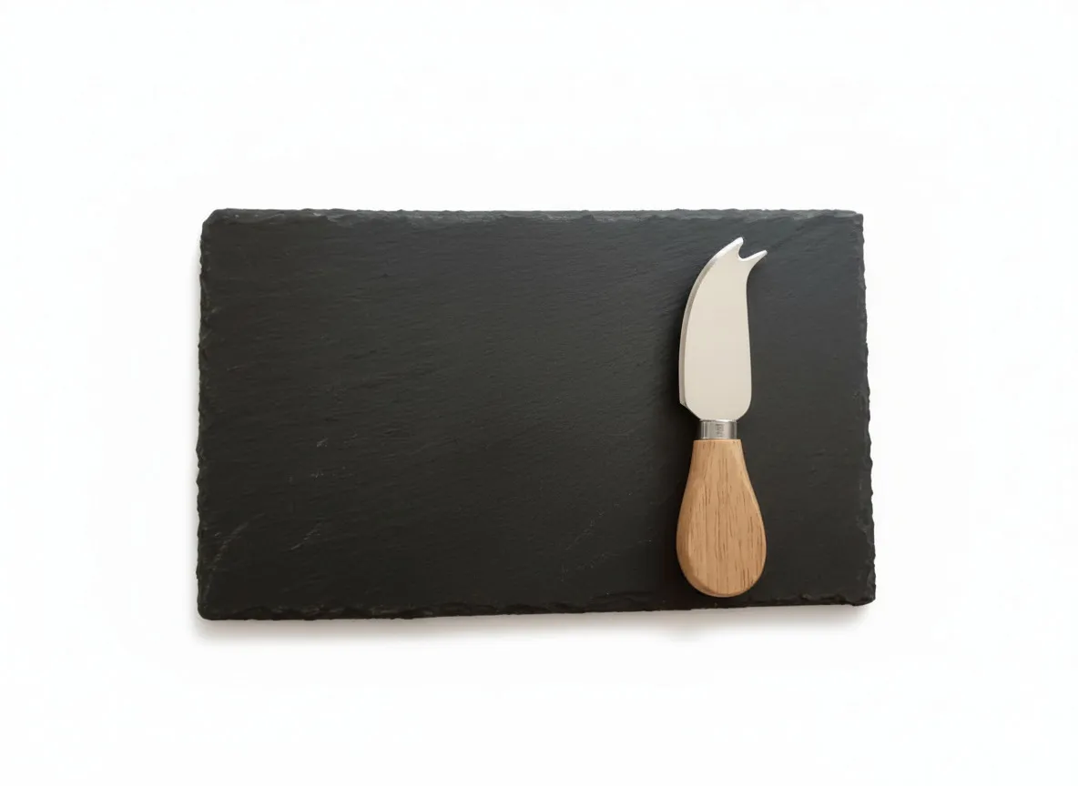 Compact Rectangular Slate Cheese Board (25cm) | Single Serving Platter with Natural Wood Handle Cheese Knife