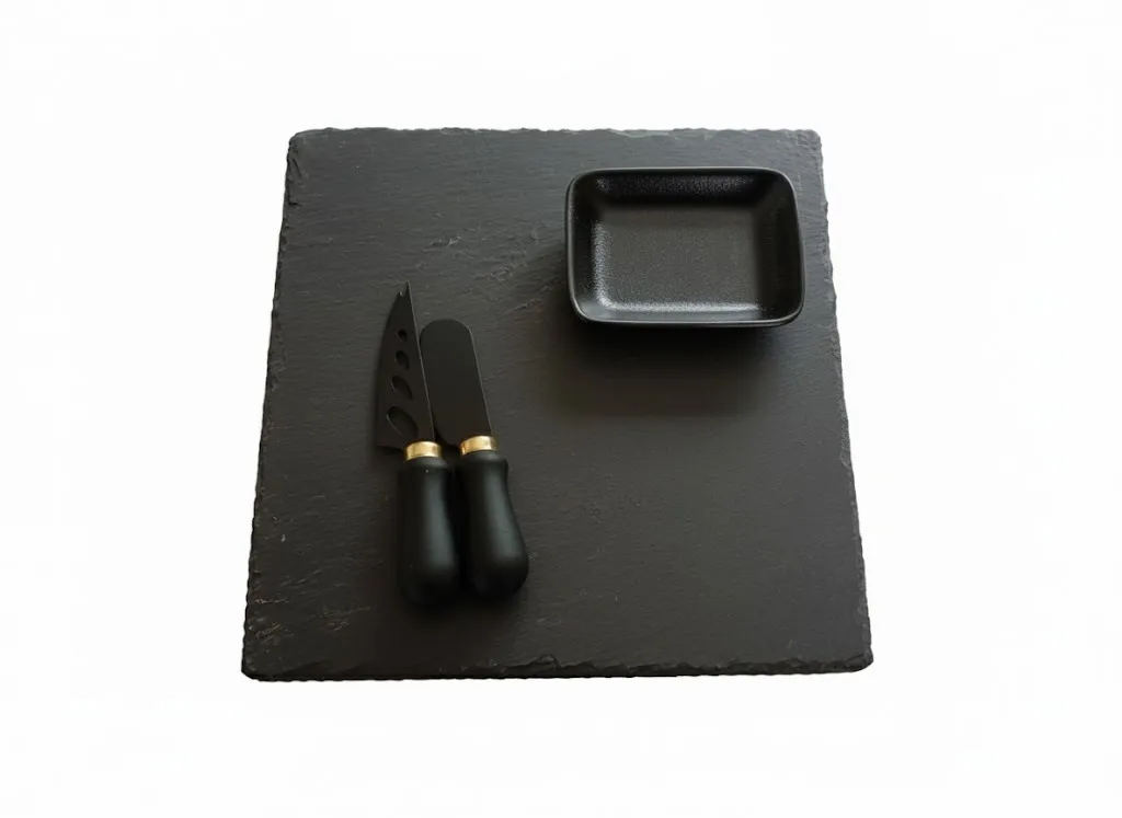 Contemporary Square Slate Serving Board Set (25cm) | Complete with 2 Gold Accent Cheese Knives & Dipping Dish