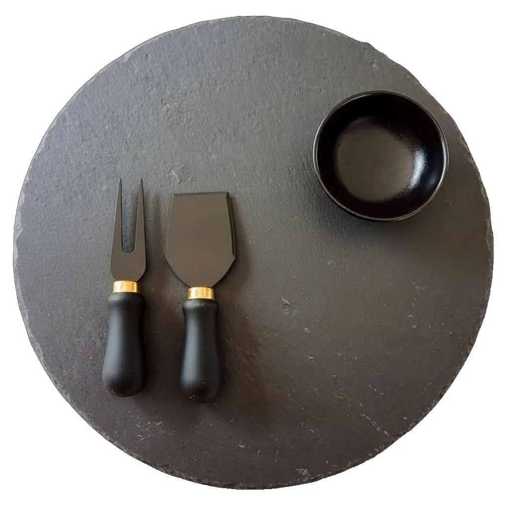 Premium Round Slate Cheese Board & Dipping Platter Set (30cm) | Includes 2 Gold Accent Cheese Knives & Black Dish