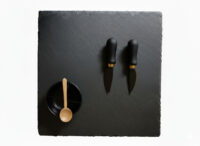 Premium Square Slate Serving Board & Charcuterie Set (30cm) | Includes 2 Gold Accent Cheese Knives, Dish & Spoon