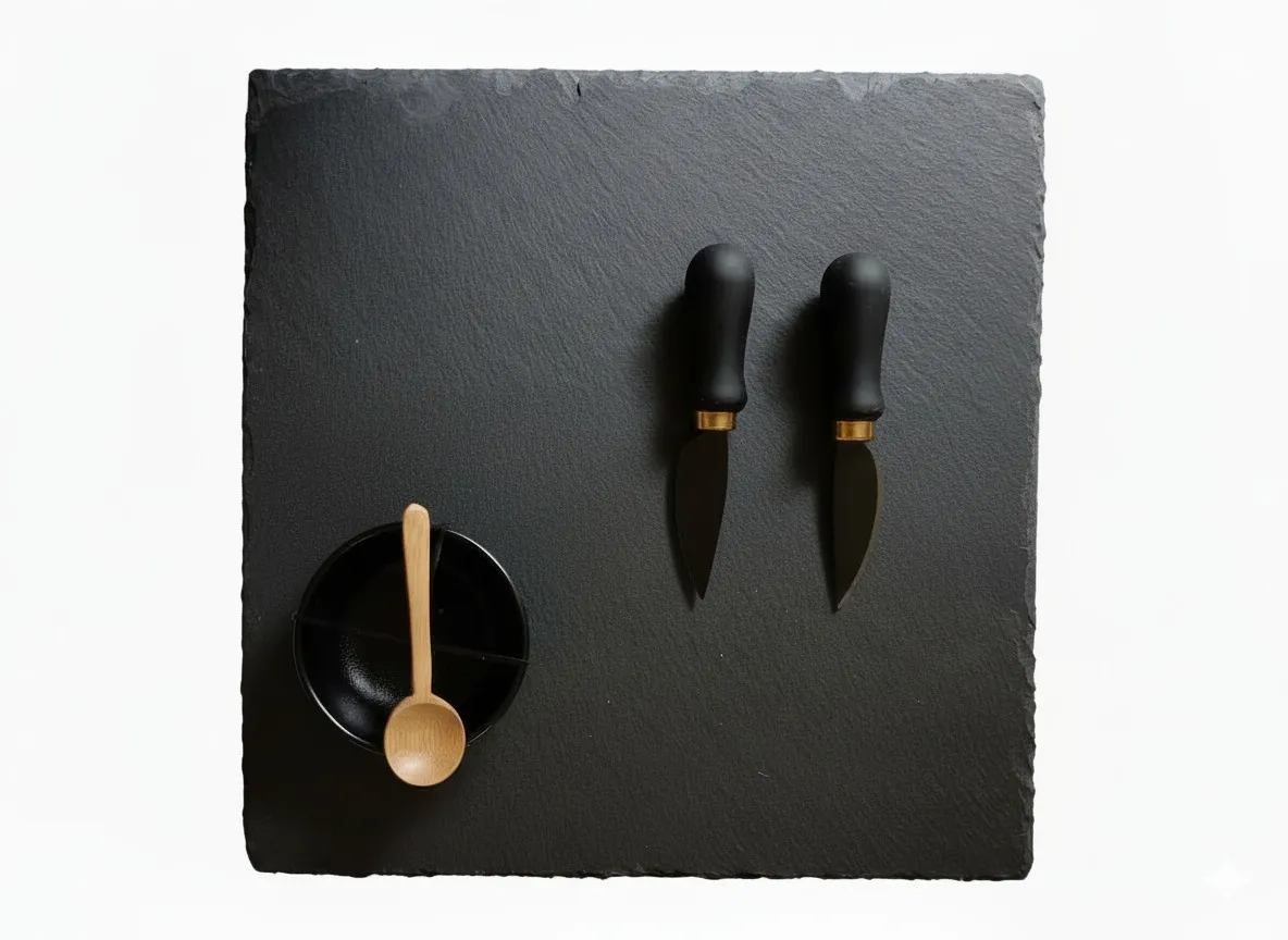 Premium Square Slate Serving Board & Charcuterie Set (30cm) | Includes 2 Gold Accent Cheese Knives, Dish & Spoon
