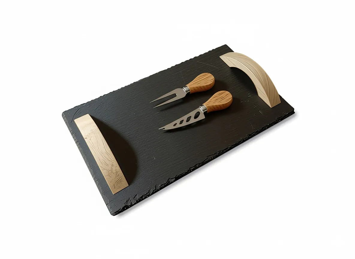 Premium Slate Cheese Board & Serving Platter with Wooden Handles | Includes 2 Stainless Steel Cheese Knives/Tools