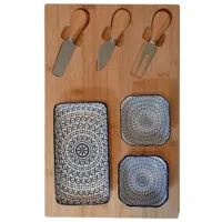 Bamboo Tapas & Cheese Board Set - Charcuterie Serving Platter with 3 Blue and White Ceramic Bowls & 3 Stainless Steel Cheese Knives