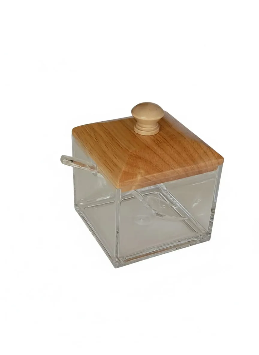 Clear Acrylic Condiment / Jam Jar with Natural Bamboo Lid & Spoon Slot - Modern Kitchen Storage 8.5x8.5x9.5cm