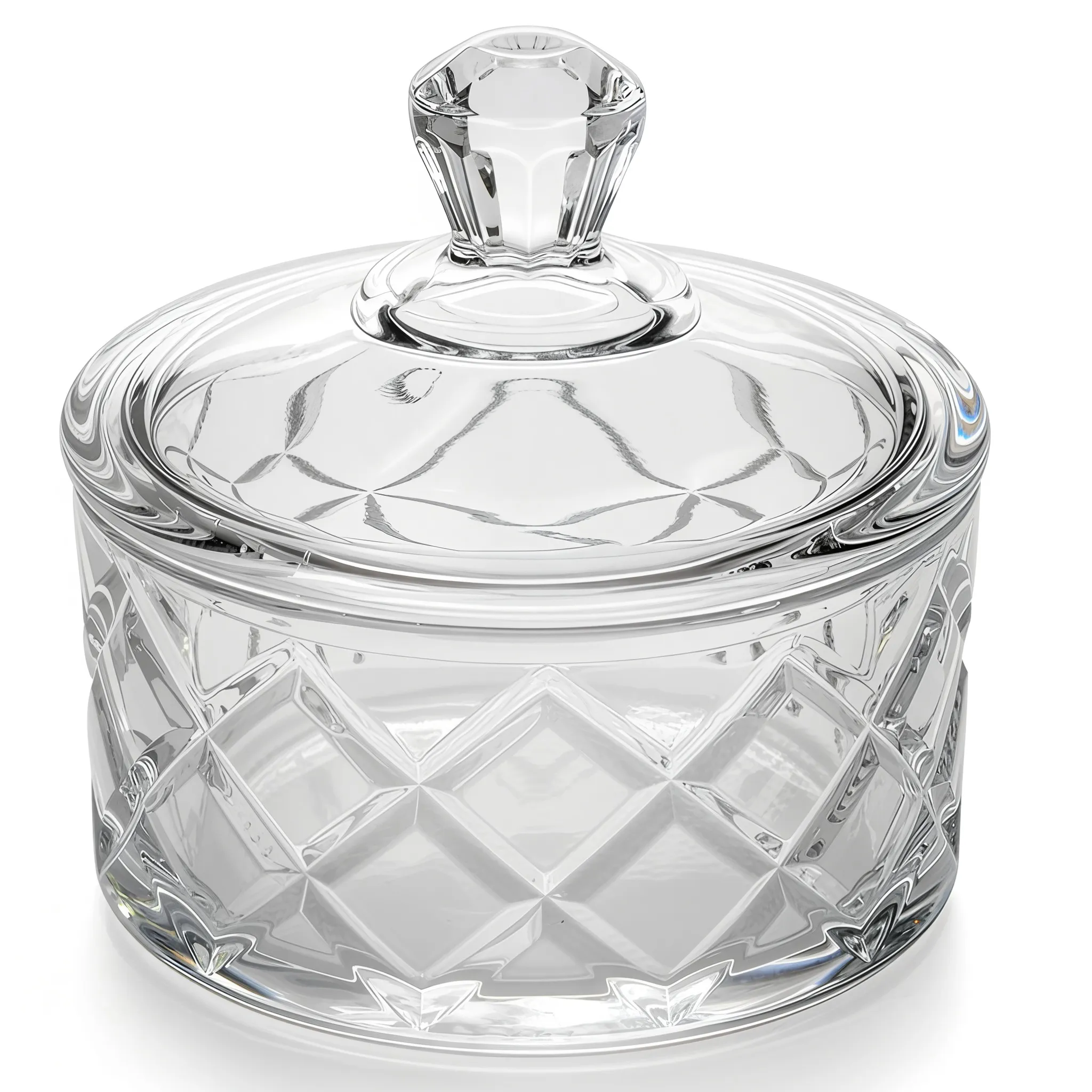 Small Diamond Cut Glass Sweet Bowl with Lid - Elegant Sugar Dispenser & Decorative Storage Jar 10x10x9cm
