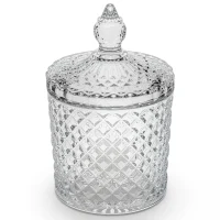 Elegant Diamond Cut Glass Canister with Lid - Crystal-Look Decorative Jar for Sweets, Sugar & Storage 8.5x8.5x12.5cm