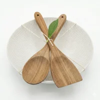 Belle 28cm Round Salad Bowl & Wooden Server Set - Natural Ribbed Design
