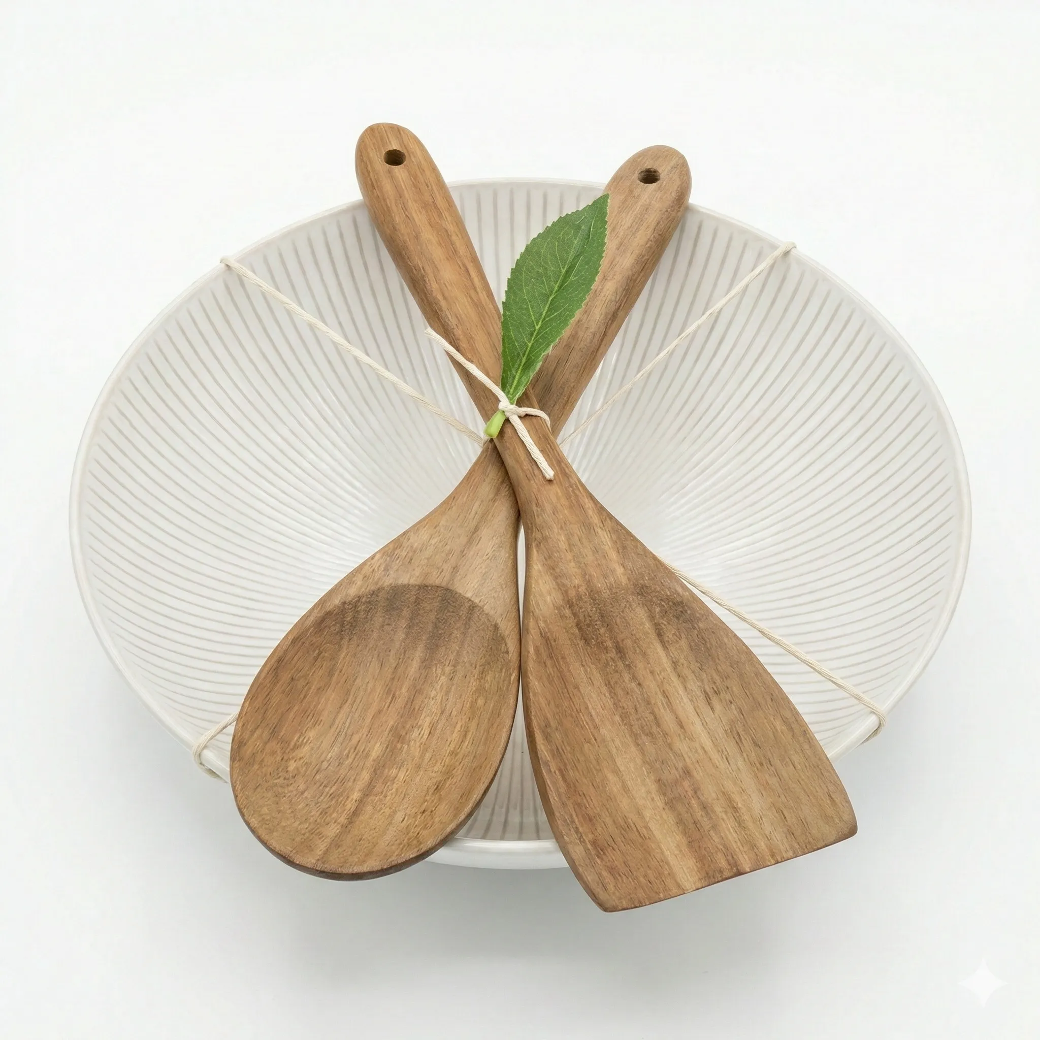 Belle 28cm Round Salad Bowl & Wooden Server Set - Natural Ribbed Design