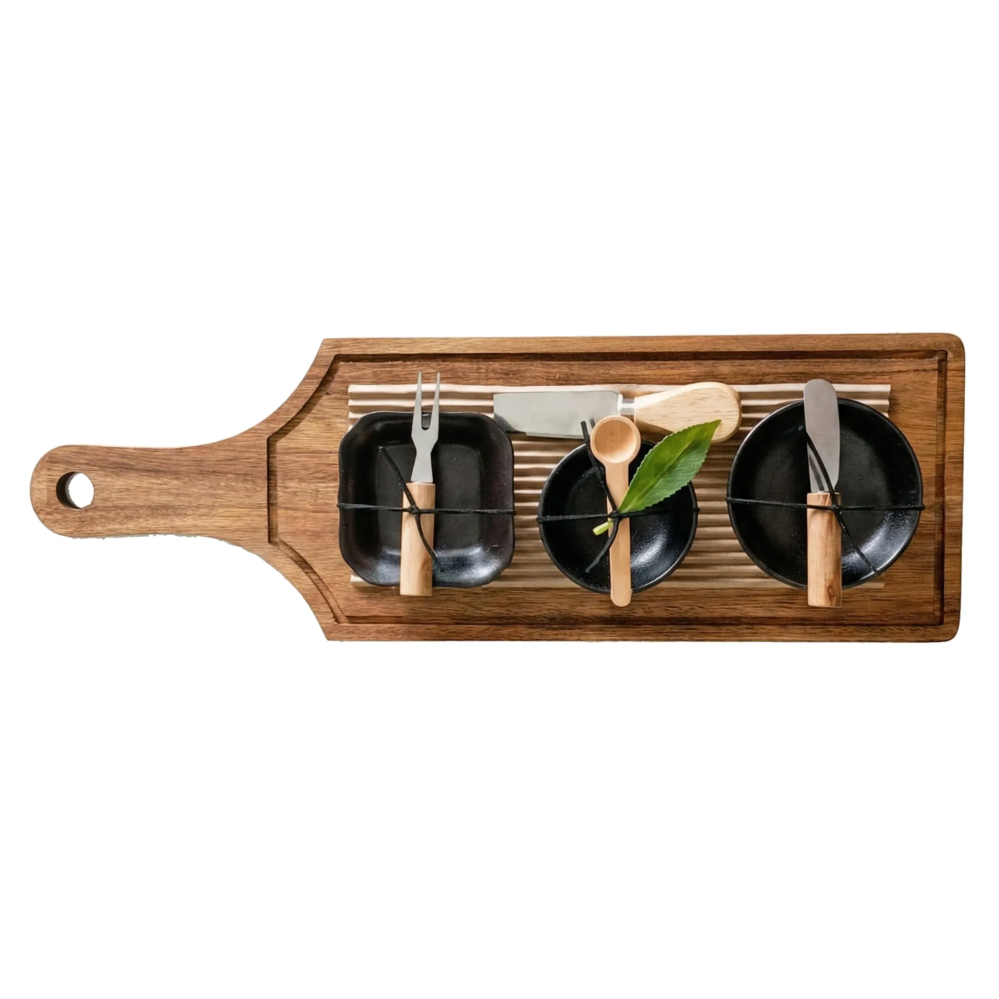 Belle 49cm Acacia Wood Tapas Board Set with 3 Black Bowls & Tools