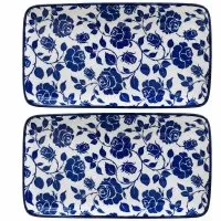 Set of 2 Floral Blue Rose Rectangular Ceramic Platters 23cm