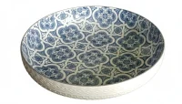 Belle 30cm Round Serving Bowl Blue Floral Embossed Ceramic Dish