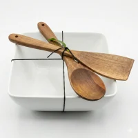 Belle 24x10cm Square Deep Bowl & Wood Salad Server Set - White Ceramic