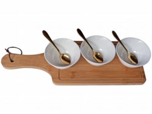 BAMBOO BOARD 3 WHITE SML RND BOWLS 3 SPOONS