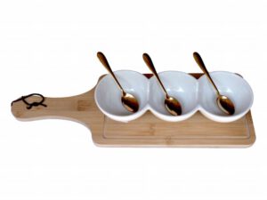 BOARD BAMBOO DISH RND 3 DIV WH 3 SPOONS
