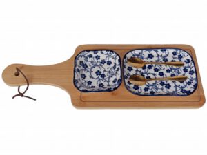 BAMBOO BOARD RECT PLATE SQ BOWL 2 SPOONS BLUE WH