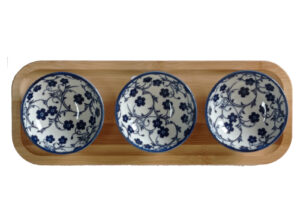 BAMBOO BOARD OVAL 3 BOWLS BLUE WHITE FLORAL