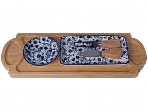 BAMBOO BOARD RECT PLATE RND BOWL BLUE WH